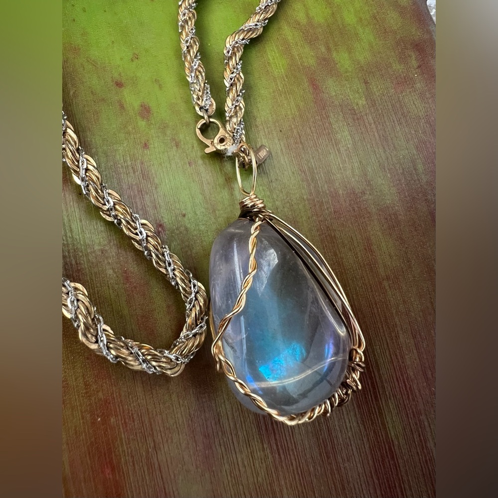 Aura Gemstone Wrapped Pendant w/ Vintage Monet Chain | 18" - Picture 5 of 15